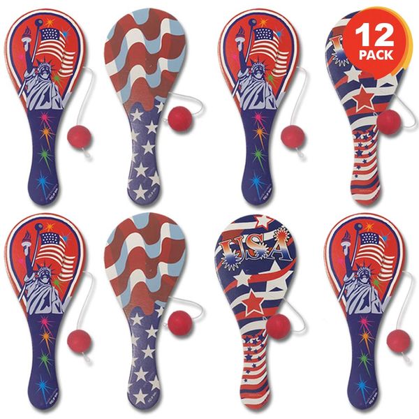 ArtCreativity Assorted Patriotic Paddle Balls, Set of 12, American Flag Paddleball with String, July 4th Party Favors for Kids, Fun Activity Toys for Memorial, Veterans, and Independence Day