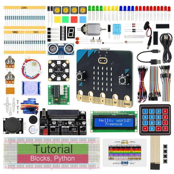 Ultimate Starter Kit for Freenove BBC micro:bit (including V2), 316 page detailed tutorials, 225 items, 44 projects, blocks, and Python code
