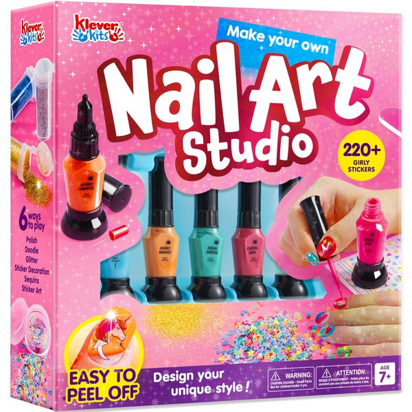 Klever Kits Nail Polish Art Kit for Kids, Kid-safe, Non-toxic Materials-Children Nail Studio With Glitter, Stickers Sequins, Stroke Sticker, Polish-Girls Creative Idea Birthday Gifts Age 7 8 9 and up