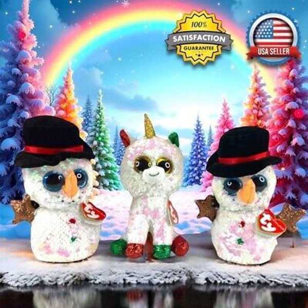 3pc Ty Flippables Christmas Holiday Snowman Unicorn Plush Toy Melty Stardust 7"