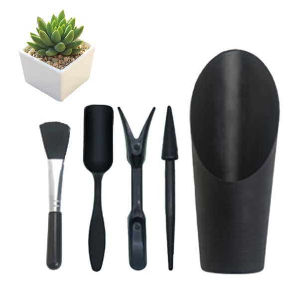 LuckyOpt 5Pcs Succulent Tools, Succulent Planting Tools with Cleaning Brush, Succulent Potting Tools for Garden and Home Planting, Succulent Gardening Tools for Indoor Outdoor Plant Care (black)