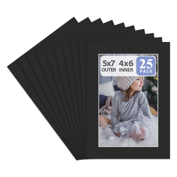 Golden State Art Pack of 25, Acid-Free Black Pre-Cut 5x7 Picture Mat for 4x6 Photo with White Core Bevel Cut Frame Mattes