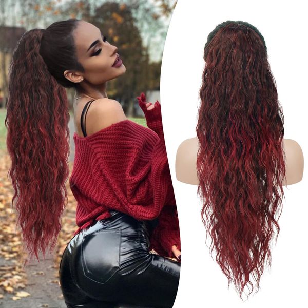 RUWISS Pferdeschwanz Verlängerung 65 cm Kordelzug Pferdeschwanz Verlängerung, Wellig Lockig Clip in Ponytail Hair Extensions, Synthetik Pferdeschwanz Haarteil für Damen Weinrot