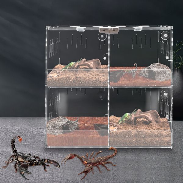 Acrylic Reptile Terrarium Lizard Cage Tank 4 Grids Climbing Spider Snake Pet Box