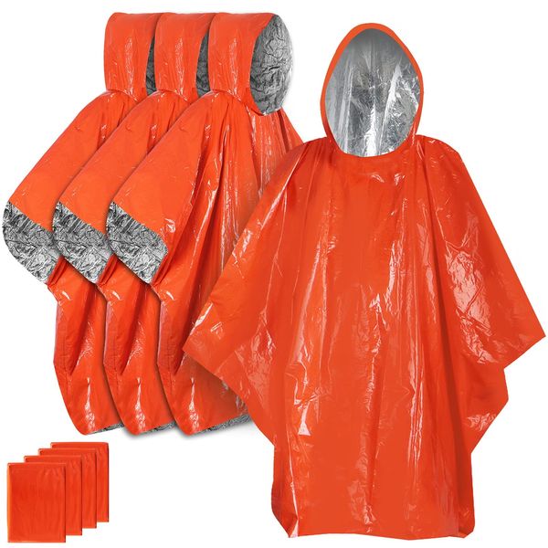 Anyoo Waterproof Rain Poncho Cape(4 Pack) for Outdoor Camping Hiking Essentials, With Reflective Side for Increase Visibility, Keep You Warm and Dry-Retains 90% of Heat, Orange, One Size