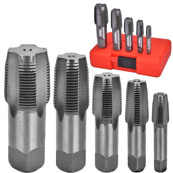 Professional 5 Piece NPT Pipe Tap Set, Carbon Steel NPT Thread Forming Taps and Drill Bits Series Set Tool, Sizes Includes 1/8", 1/4", 3/8", 1/2", 3/4" in Storage Case