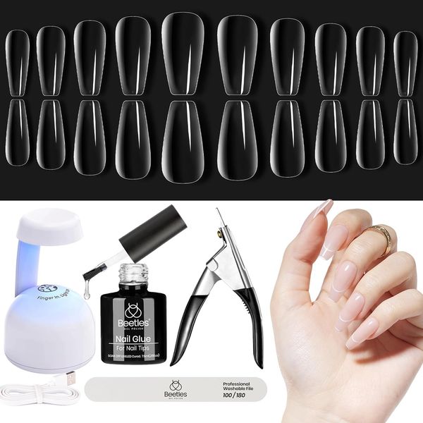 Beetles Gel Nail Kit Easy Nail Extension Set 5 In 1 Nail Glue Gel Base Coat with Pre shaped Medium Coffin Soft Gel Nail Tips and Led Nail Lamp Acrylic Nail Clipper Nail Art Design Gifts for Women