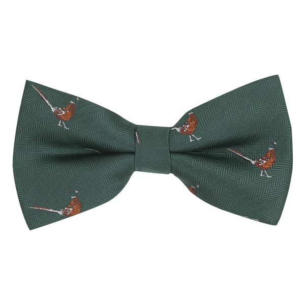 King & Priory Dark Green Herringbone Embroidered Pheasant Bow Tie