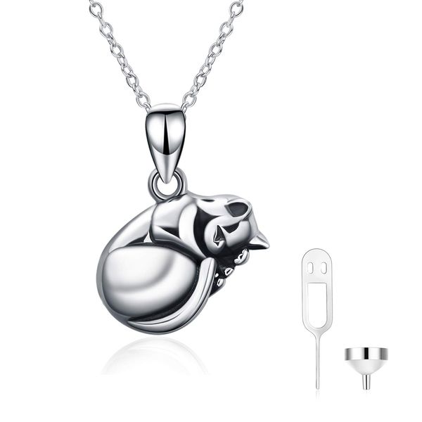 Cat Urn Necklace for Ashes Sterling Silver Cat Keepsake Pet Memorial Pendant Jewelry Gift for Women Men