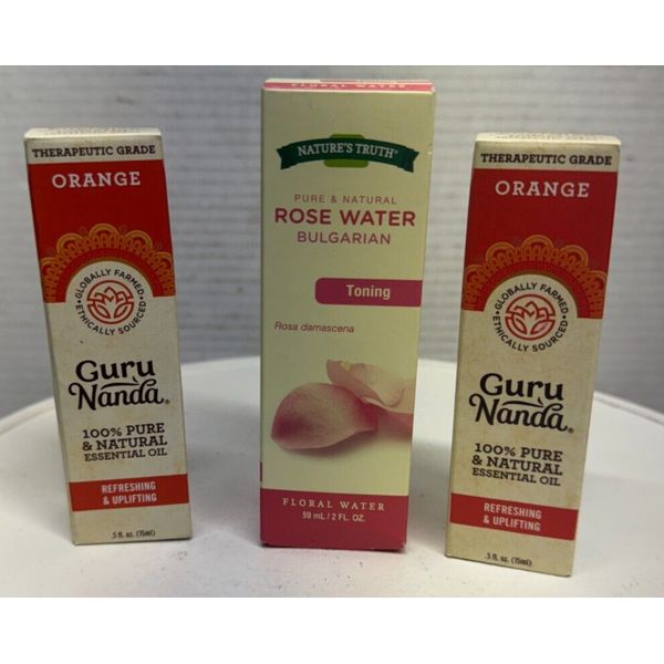 Lot 3 GuruNanda .5 oz therapy Orange Natural Essential Oil + Rose Water 2 OZ NEW
