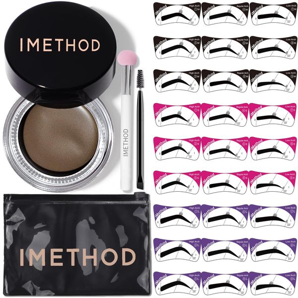 iMethod Eyebrow Stamp Stencil Kit - Brow Stamp and Stencil Kit with Brow pomade, 27 Reusable Stencils, Dual-ended Brush and Sponge Applicator, Brow Trio Eyebrow Kit, Easy to Use, Ash Brown