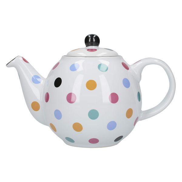 London Pottery Globe Polka Dot Teapot with Strainer, Ceramic, White / Multi Spot, 2 Cup Capacity (500 ml)