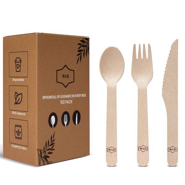 WAD Disposable wooden cutlery set |Wooden spoons|Disposable cutlery 50x forks, 50x Spoons, 50x Knife |Eco-friendly wooden cutlery |Picnic set for party |Disposable spoons alternative to plastic spoons