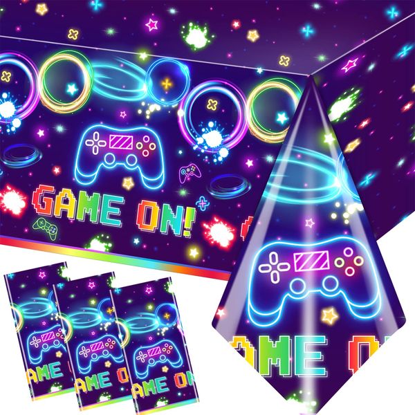 Pymurod 3pcs Video Game Table Cloth Game On Neon Gaming Birthday Tablecloths for Kids Boys Girls Video Game Party Decorations Favors Gaming Party Table Covers Supplies