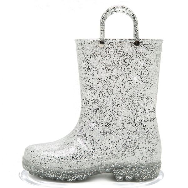 HugRain Toddler Girls Rain Boots Little Kids Baby child Glitter Cute Waterproof Rubber Shoes Outdoor Mud Lightweight Adorable with Easy-On Handles Non Slip Sole Silver Size 9