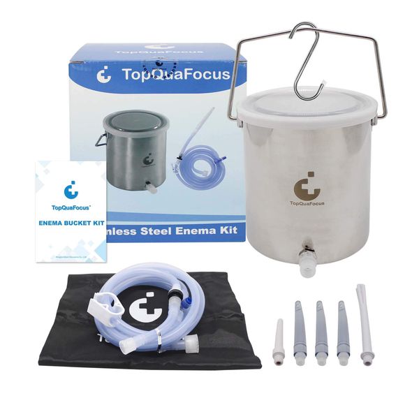 TopQuaFocus Stainless Steel Enema Bucket Kit Non Toxic 2 Quart Capacity Reusable Colon Cleansing Detox Enemas Kit