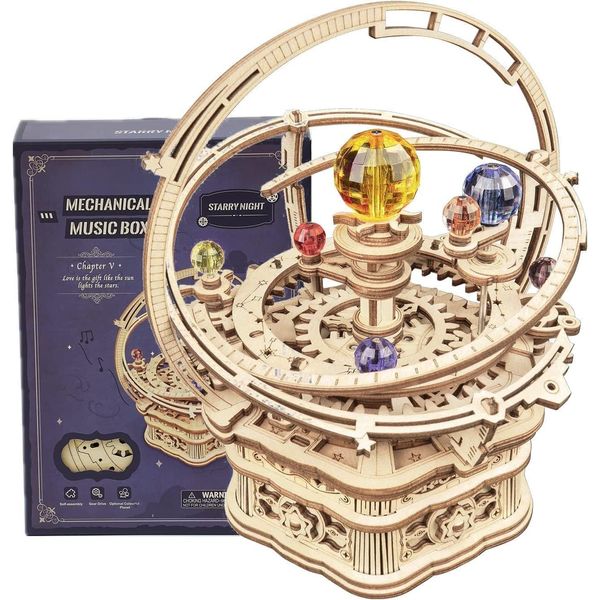 ROWOOD 3D Wooden Puzzle Starry Night Music Box Gear Drive - Mechanical Wooden Model Building Craft Kits for Adults and Teens to Build - Unique Gift for Adults on Birthday/Christmas