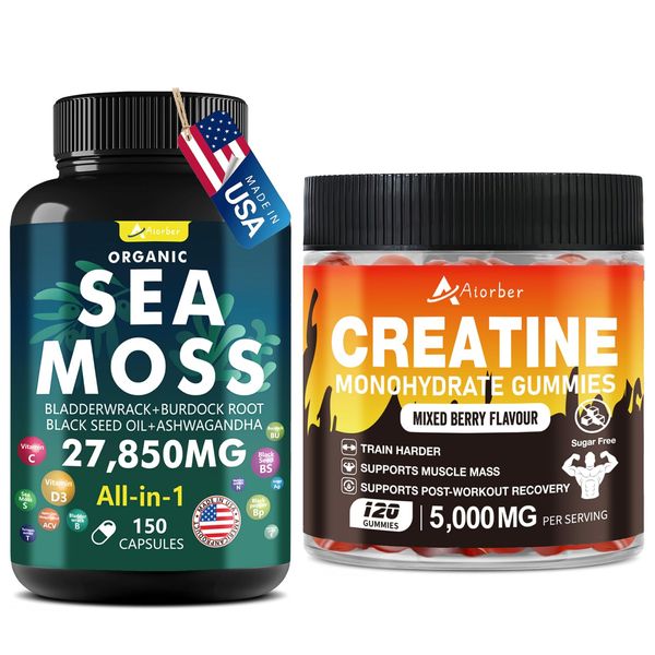 Aiorber Sea Moss & Creatine Monohydrate Gummies Bundle 270 Count – Organic Sea Moss Black Seed Oil Ashwagandha Ginger Burdock Root& Creatine Monohydrate (2 Pack)
