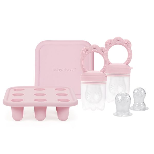 Baby Teether & Pacifier Bundle for Teething Relief, Complete Solution for Feeding & Teething Popsicle Mold Included, Baby Feeding Essentials with No BPA, 2-Pack, Dusty Rose - Ruby’s Nest