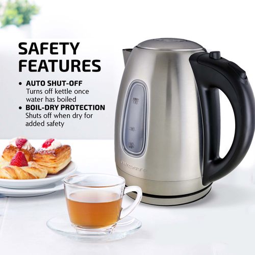 OVENTE Electric Kettle, 1.7L Stainless Steel Water Heater and Boiler for Coffee or Tea with BPA Free & Cordless Body, Auto Shut-Off, Boil-Dry Protection, LED Light and Removable Filter, Silver KS96S