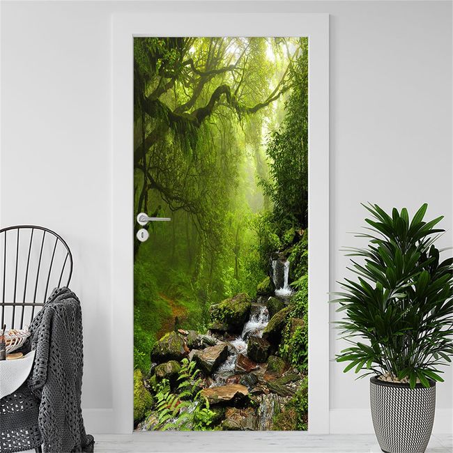 HOTIYOK Wall Sticker Forest Landscape Stream River Ancient Trees Trees Nature Scenery Wallpaper Sticker Stylish Wall Mural Door Decoration Scenery Wall Poster Removable Waterproof Waterproof for