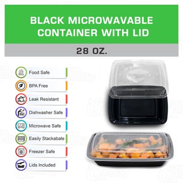150 Pack - 28 Oz. Black Meal Prep Microwavable Food Containers with Lids