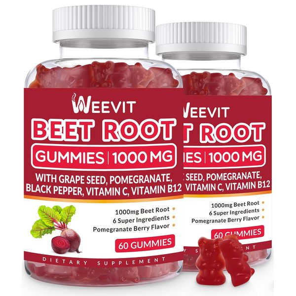 Beet Root Gummies 1000mg, Nitric Oxide Supplement for Men Women | Organic Beet Gummy with Grape Seed, Pomegranate, Black Pepper, Vitamin C, B12 (2-Pack)