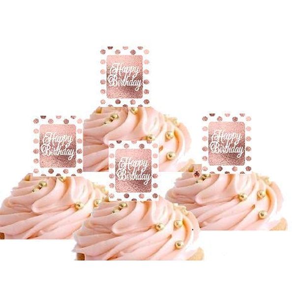 24pk Rose Gold Polka Dot Happy Birthday Hand Crafted Glitter Cupcake Decoration Topper Picks