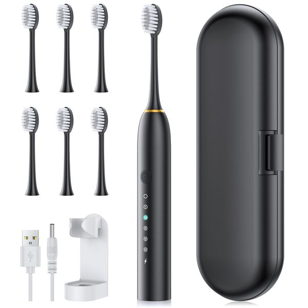 CC010 Electric Toothbrush, Sonic Toothbrush, Electric Toothpaste, Auto Timer Function, Sonic USB-DC Rechargeable, IPX7 Waterproof, 6 Replacement Brushes, 6 Modes, Toothbrush, Storage Case, Portable,