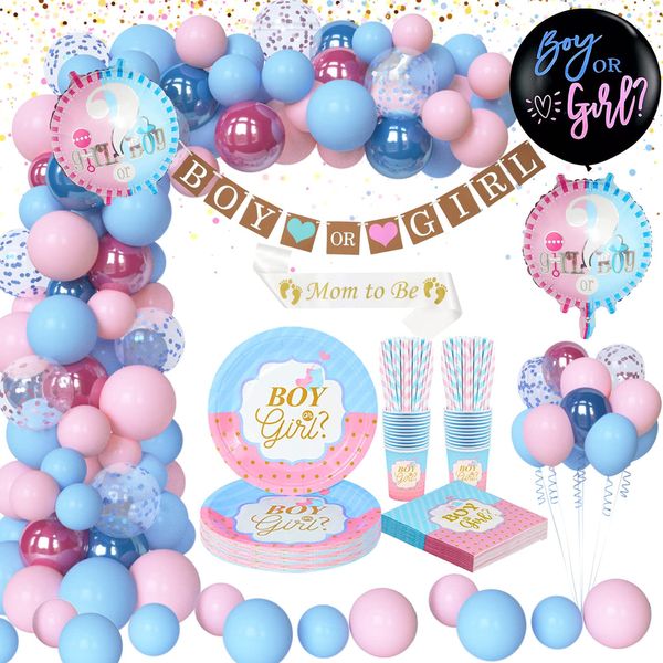 YIMAKJ 150 Stück Gender Reveal Party Deko, Gender Reveal Party Luftballon Girlande, Boy or Girl Balloon, Baby Shower Party Boy Or Girl Tableware Set für Gender Reveal, Baby Shower Party Decoration