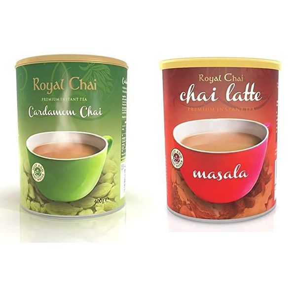 Royal Chai Elaichi Sweetened 400g and Masala Sweetened 400g – Premium Instant Tea – Natural Instant Cardamom and Masala Indian Tea