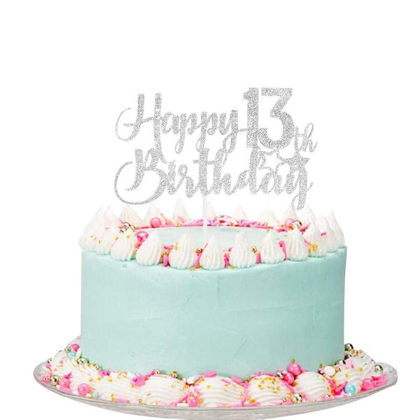 Silver Glitter Happy 13th Birthday Cake Topper - 13th Birthday Cake Topper, 13th Birthday Party Decoration