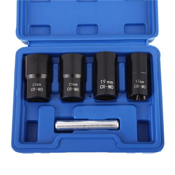 1/2” Drive Impact Bolt Nut Extractor Set, 5pcs Locking Wheel Lug Nut Remover Kit 17mm 19mm 21mm 22mm Twist Socket Tool Set Including a Punch Rod