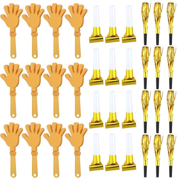 ZCYSRLQIN 36 Pcs New Years Eve Party Noisemakers Supplies New Year Party Kit Includes 12 Hand Clappers 12 Plastic Blowers 12 Metallic Fringed Party Blowers for 2025 New Years Party Supplies (Gold)