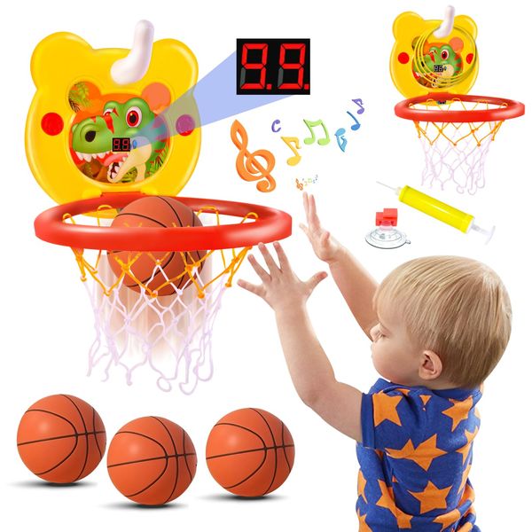 Toddler Basketball Hoop Indoor Led Scoreboard, Dinosaur Basketball Hoop with Ring Toss Game for Kids, Door Room Mini Basketball Hoop with 3 Balls, 8 Ring, Toys Gifts for Toddlers Boys Girls Ages 3-6