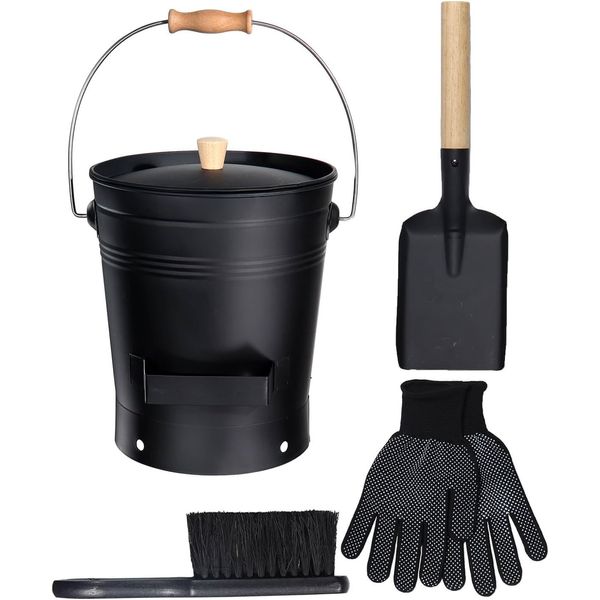 2.5 Gallon Heavy Duty Ash Bucket with Lid, Shovel & Gloves for Fire Pits