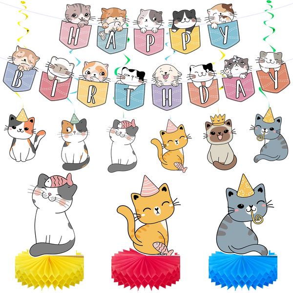 16 Pcs Cat Theme Birthday Party Decorations Party Supplies Kit, Includes Cat Party Banner with 6 Cat Hanging Cutouts 6 Hanging Swirl Decor and 3 Birthday Honeycomb Party Decoration(Cartoon Style)