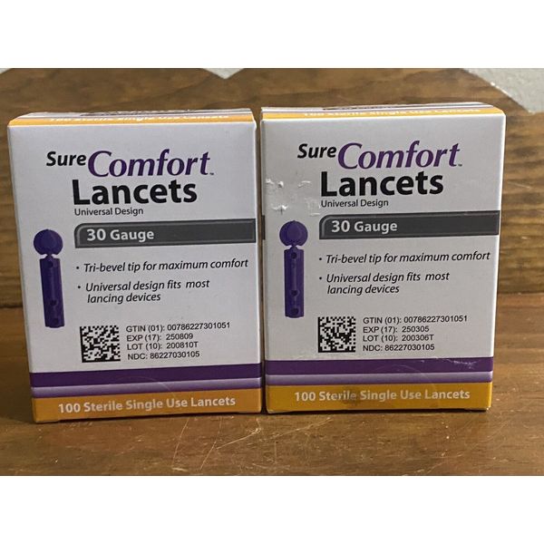 Lot of 2 Sure Comfort 30 Gauge Lancets, 100 Sterile Single Use Lancets 200 ct