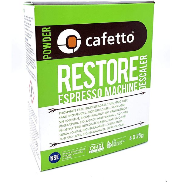 Cafetto Restore Espresso Machine Descaler, Coffee Machine Cleaning Powder for Use In Organic Systems (4 Single Use Packets)