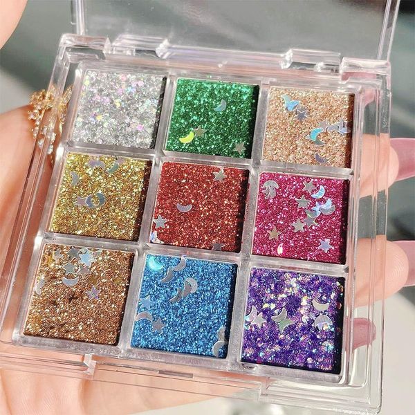 AMY'S DIARY 9 Colors Pressed Glitter Eyeshadow Palette Glitter Silver Blue Purple Gold Eyeshadow Palette, Glitter Daily Party Sparkling Eye Face Makeup Cosmetics (D1)