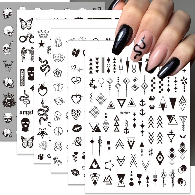 Mkwntg Black Nail Art Stickers Snake Heart Moon Star Nail Decals 3D Self-Adhesive Geometric Triangle Arrow Nail Sticker Cool Black White Skull Nail Art Supplies for Women Girls DIY Manicure 6 Sheets