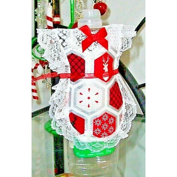 Cover-up Apron Dish Soap Pancake Syrup Catsup Bottle Holiday Red Silver Print