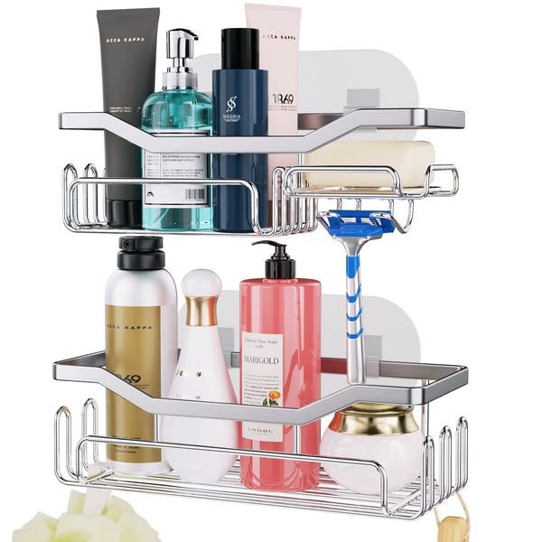 HapiRm Shower Caddy with 11 Hooks,Bathroom Storage with Razor Holder,Soap Dish,Towel Hook Bathroom organiser for Bathroom Storage and Kitchen Accessories Stainless Steel,3 Sticker,2 pcs