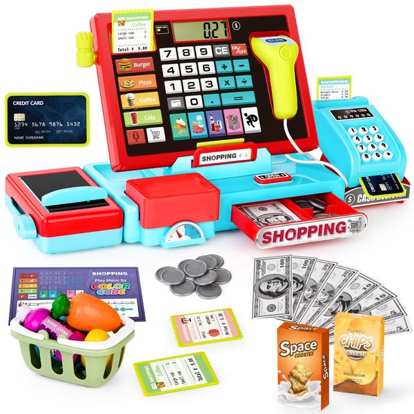 52PCS Multicolor Plastic Pretend Play Cash Register Toy with Music, Microphone, Credit Cards, Money, Food and More for Baby, Kid and Toddler