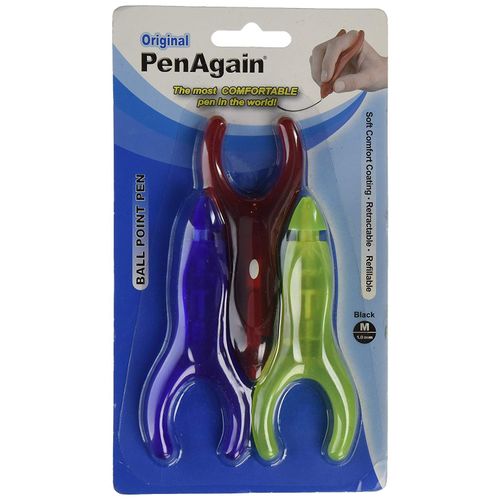 PenAgain Original 3 Pack Pens - Red, Blue, Green or Neon Green with 2 Black Ball Point Refills for 00063