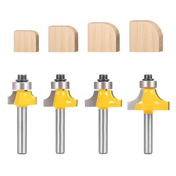 TOTOWOOD Roundover Router Bit Set，4pcs Router bit Set，1/4 inch Shank，Radius in 1/8", 1/4", 3/16", 5/16"，Bearing Guide for Rounding Edge bit