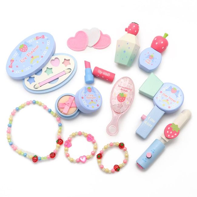 Mother Garden Wild Strawberries Wooden Play Toy Cosmetics Makeup Set Blue 11 Pieces White Eye Shadow Dryer