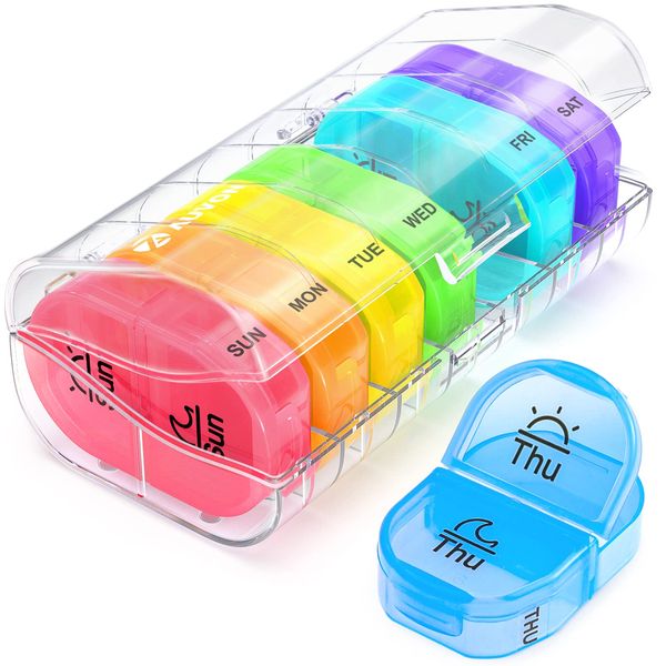 AUVON Pill Box Organiser, Travel Pill Boxes 7 Day 2 Times A Day with 7 Colorful Attachable Tablet Organiser for Medicine, Medication, Vitamin, Supplement and Fish Oil