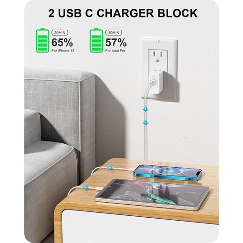 【2022 New】 35W Dual USB-C Port Power Adapter， 2-Pack PD 3.0 GaN 35W USB-C Fast Wall Charger for Macbook Air, iPhone 14 13 12 11 Pro Max Plus, iPad, AirPods