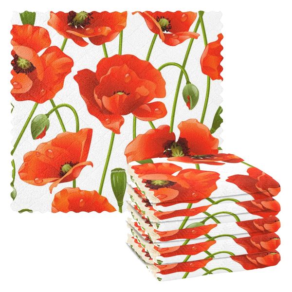 Kcldeci Poppy 6 Pieces Kitchen Dish Cloths Poppies Flower Floral Washable Cleaning Cloth Absorbent Dish Towels for Washing Dishes Wipe Glass Home Kitchen Household Supplies